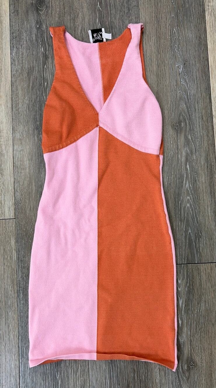 Princess Polly Womens S/M Colorblock Knit Bodycon Mini Dress Pink Orange Y2K